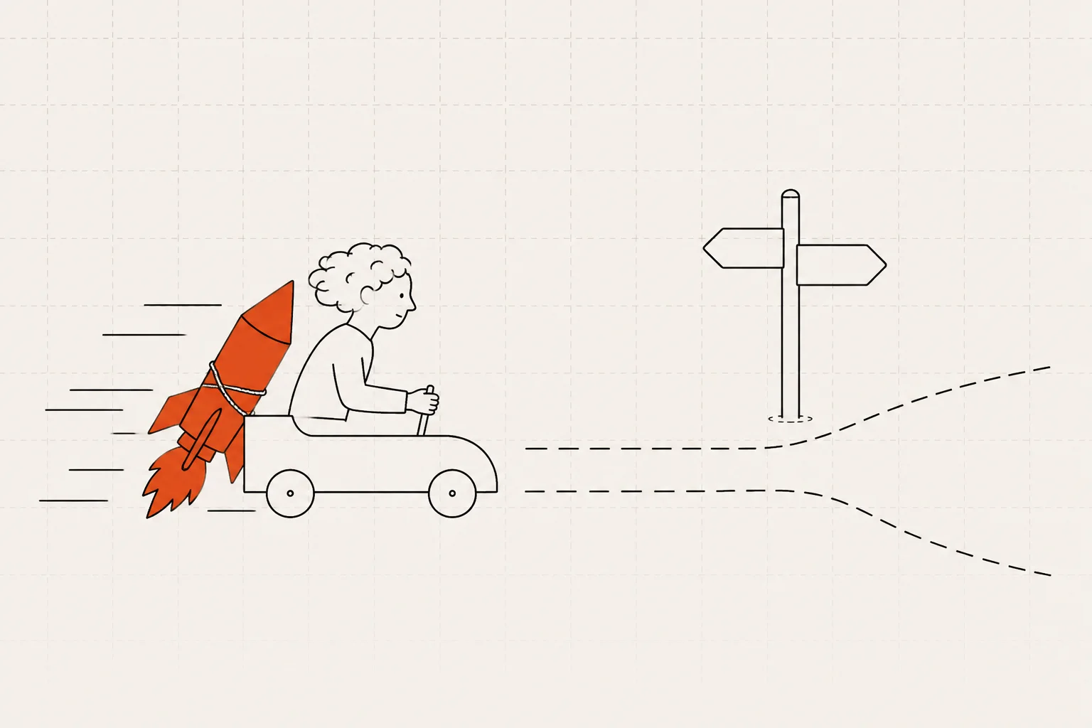 A person on a toy car pushed by a rocket, racing towards a signpost where the road forks.