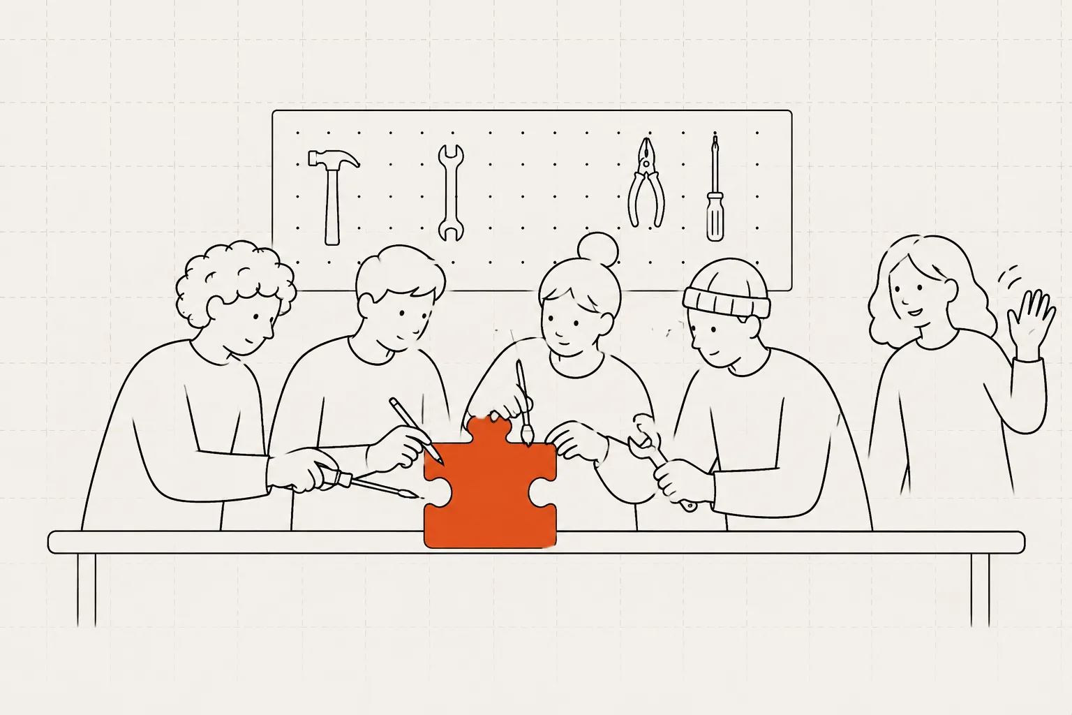 Cinque builder intorno a un tavolo da lavoro che costruiscono insieme un pezzo di puzzle arancione.