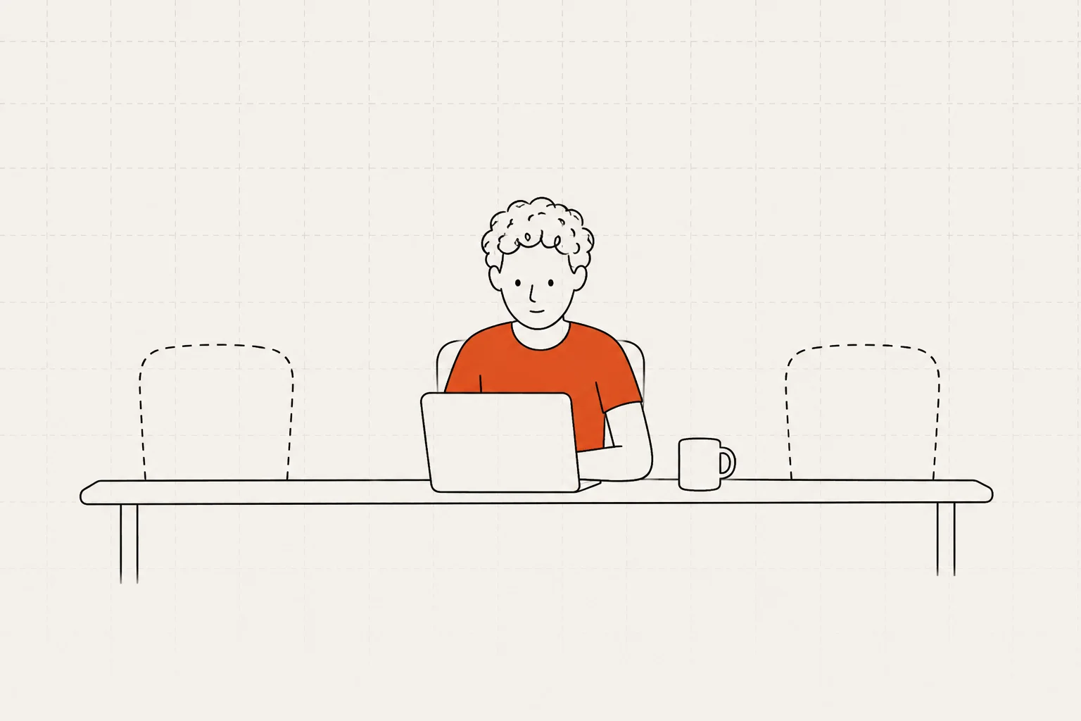 A person working at a laptop at a long table, with two empty dashed-outline chairs on either side.